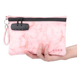 OZCHIN  Combination Lock Certificates Organizer PU Leather Lock Bag Travel Storage Case 10 x 7 inches Great Gifts Smell Proof Bag with (Green) Ultra Lightweight - Color: PINK
