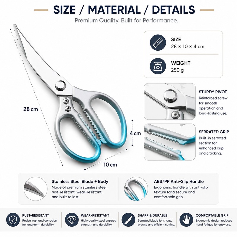 Stainless Steel Kitchen Scissors for Food Prep – Heavy-Duty Poultry