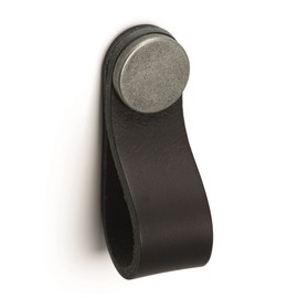 Gedotec Furniture knob made of solid metal and leather, 1 piece door knob for cupboards, pewter, black, including mounting material, FLEXA 0404, LA: 128 mm, knobs for kitchen cabinets, cabinet knobs,