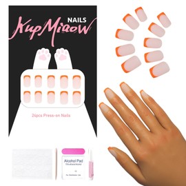 KupMiaow Press On Nails 24pcs Nail Kit with Glue & Tool Kit, Short Orange Neon Matt French Tip False Nail, Full Size for Easy Fit, with Mini File, Manicure Stick, Prep Pad & Long-lasting Glue