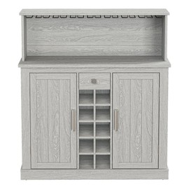 Pemberly Row 47 in. Grey Buffet Bar Cabinet Wine Rack w/Wood Pattern Countertop