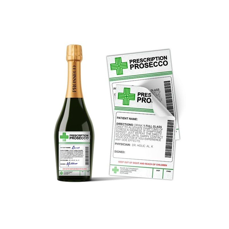 Prosecco Prescription Medical Alcohol Bottle Gift Funny Drinks Sticker Label