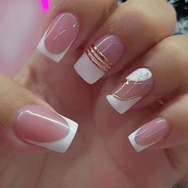 French Press on Nails Square 24Pcs Glossy Full Cover Medium Artificial White Fake Nails with Gold Line Star Designs Coffin Acrylic False Nails Sets Glue Stick on Fingernails with Charm for Women