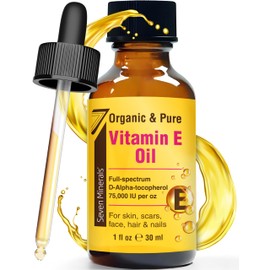 Seven Minerals Ultra Pure Vitamin E Oil - 75,000 I.U. Full-Spectrum D-Alpha Tocopherol, 1 Fl Oz - 100% Organic Vitamin E Oil for Skin, Face, Hair, and Scars - Naturally Occurring = Not Synthetic