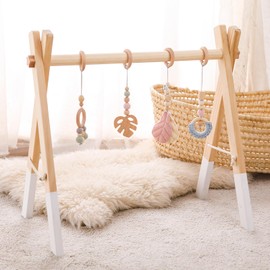 Wooden Baby Play Gym Foldable Baby Play Gym Frame Activity Center Hanging Bar with Gym Toys Natural Wood Play Gym Infants Newborn Gift for Baby Girls Boys