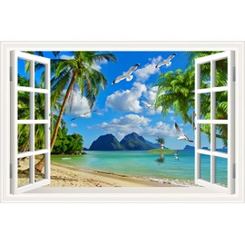 THNWSY 3D Self-Adhesive Painting Fake Window Wall Stickers Tropical Island with Palm Trees Wall Mural Window View Wall Decor for Home (V, 36"×24")