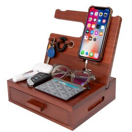 Solid Wood Nightstand Organizer by SolaJoy, Docking Station, Gifts for Men, Made of Cedar, Versatile Bedside Table Organizer for Cellphone, Watch, Headphone, Keys Walnut Wood