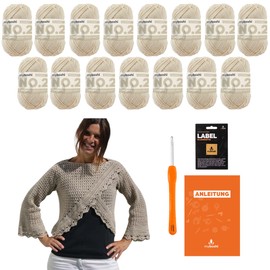 myboshi Häkelset Pullover Cute, inkl. No.2 Wolle, Häkelnadel, Anleitung, Label, Häkelpaket, 85% Baumwolle, 15% Kapok Elfenbein mit Häkelnadel