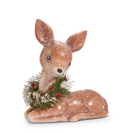 The Bridge Collection 6" Resin Fawn with Holiday Wreath Figurine - Adorable Christmas Deer Decoration with Snow Accents