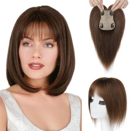 REECHO Human Hair Toppers with Bangs, Thick Hair Volume Topper Hairpiece for Women Real Human Hair Extensions for Daily Wear, Medium Brown