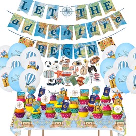 90Pcs Travel Themed Party Decorations Let the Adventure Begin Banner World Map Tablecloth Adventure Awaits Cupcake Toppers Balloons Stickers for Bon Voyage/Going Away/Farewell/Office Party Baby Shower