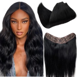 Clip in Hair Extensions Real Human Hair, One Piece Clip ins for Black Women Human Hair Easy to Install V Shaped Human Hair Clip in Extensions Black Straight Seamless Clip in Extensions Human Hair 14”