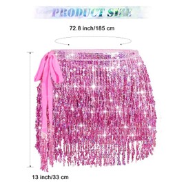 TWINKLEDE Sequin Fringe Skirt Sparkly Tassel Belly Dance Skirt Hip Scarf Rave Outfits for Women, D Pink, 66 Short