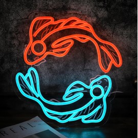 Koi Fish Neon Sign Animal in Sea LED Light up Fish Family Interior Wall Decor Fancy Carp Lucky Charm Neon Lights Hanging Bedroom Home Family Office Business Store Shop