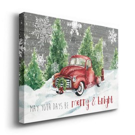 Renditions Gallery Merry & Bright Wall Art, Red Truck and Christmas Trees, White Snowflake, Festive Decorations, Premium Gallery Wrapped Canvas Decor, Ready to Hang, 32 in H x 48 in W, Made in America