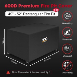 Zettum Fire Pit Cover Rectangular 52 Inch - Outdoor Fire Table Cover Rectangle Heavy Duty & Waterproof, 600D Patio Propane Gas Firepit Cover Rectangular Fade & Weather Resistant - 52 x 34 x 24 Inch