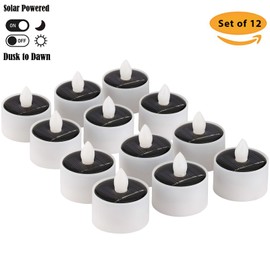 12Pack Solar Tea Lights Outdoor Waterproof, Small Solar Lights with Rechargeable Dusk to Dawn Sensor, Flameless Flickering LED Votive Candles for Lantern Window DIY Patio Chandelier Decor(Warm Amber)