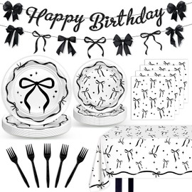 Lecheme - Decoración de fiesta de cumpleaños con lazo negro, 170 piezas, elegantes suministros de fiesta de coqueta, platos de moco, servilletas, tazas, mantel, banderín, para mujeres y niñas