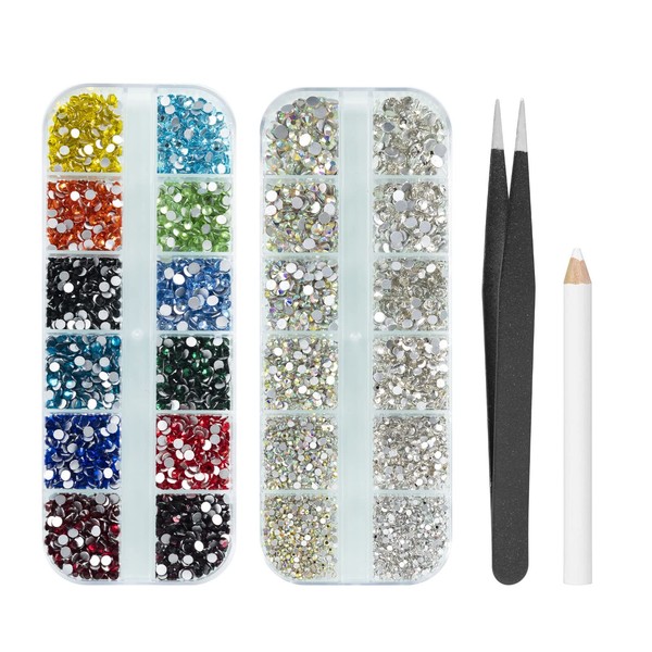 5280 pieces rhinestones for nails, MAEXUS rhinestone nails with tweezers and drill pen for nail art crafts, face make-up, DIY and professional use, multi-coloured and transparent