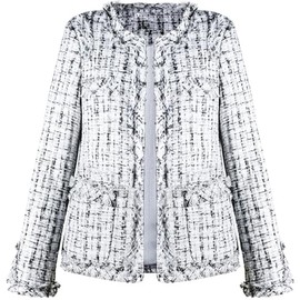 chouyatou Women's Fall Business Casual Tweed Blazer Jacket Collarless Open Front Dressy Tweed Jacket, White, Large