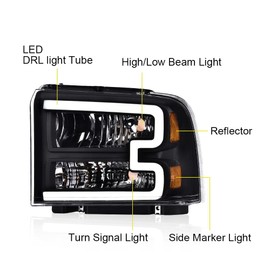 LED DRL Headlight Assembly w/Harness Compatible with Ford F250 F350 F450 F550 Super Duty 2005-2007, Fit Ford Excursion 2005, Front Headlamp, Clear Lens Black Housing Amber Reflector