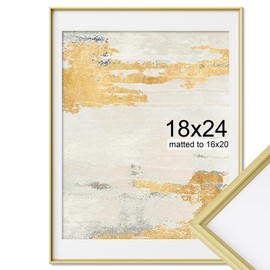18x24 Metal Picture Frame, 18 by 24 Premium Aluminum Poster Frames with 16x20 Removable Mat, Tempered Glass, Vertical and Horizontal Display, Wall Hook Hanging Hardware Included, Gold, 1 Pack