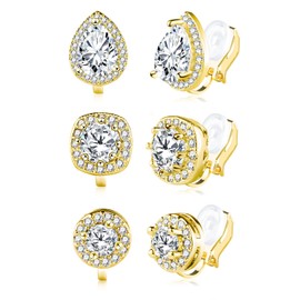 ALEXCRAFT 14K Gold Clip On Earrings Set for Women Girls Men Cubic Zirconia Non Pierced Earrings Women