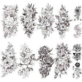 Yesallwas Tattoo Stickers, Flowers, Black, Rose, Set of 12, Tattoo Stickers, Realistic Waterproof, Long Lasting, Tattoo Stickers, Body Seal, Men and Women, Black Rose Flower temporary tattoos 4.5 x