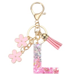 PATIKIL Alphabet Initial Letter Keychain, Resin Cute Keychains with Tassel Flowers Letter l Pendant Charm for Women Key Purse Handbag Bag Accessories, Pink