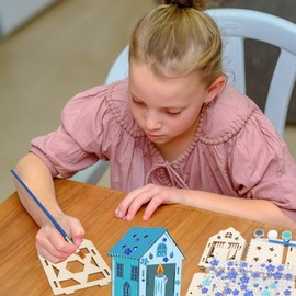 WEDNOK 7 Sets Hanukkah House Craft Set Children Hanukkah Building Kit Wooden Menorah Wooden Kit for Painting Creative Sets with Menorah Hexagram Dreidel for Jewish Judaism Hanukkah
