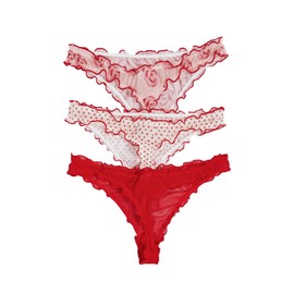 Verdusa Women's 3 Pack Lettuce Trim Bow Thong Panties Low Waist Underwear Red and White S