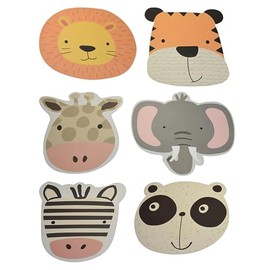 6-Piece Children's Animal Placemats - Non-Slip Plastic Placemats - Elephant, Lion, Tiger, Giraffe, Zebra & Panda - Washable, BPA Free & Child Friendly - Diameter 40 cm