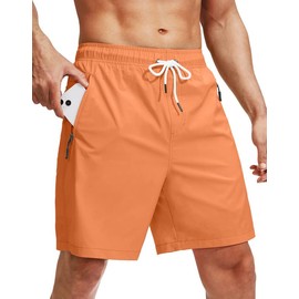 Viodia Men's Swim Trunks with Compression Liner Quick Dry Board Shorts Swimsuit Swimwear for Men with Zipper Pockets Dark Orange