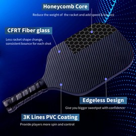 Pickleball Paddles, Edgeless Pickleball Paddle with Bigger Sweet Spot, Pickleball Racket Lightweight with Honeycomb Core, Unibody Design, 3K Carbon Wave, 16mm Thick Without Printing