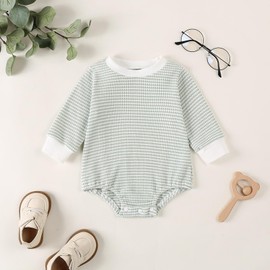 YEHOOM Baby Bubble Fall Romper Unisex Infant Boy Girl Clothes Outfit Newborn Spring Winter Waffle Cotton Long Sleeve Bodysuit (Green, 3-6 Months)
