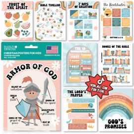 Hadley Designs Sunday School Decorations for Classroom – 9 Bible Posters for Kids, 11x14in Books of the Bible Poster, 10 Commandments, Fruits of the Spirit & More – Retro Christian Classroom Decor