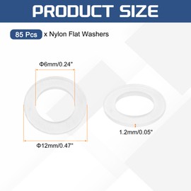 sourcing map 85Pcs M6 Nylon Flat Washers Plain Washer 6mm ID 12mm OD 1.2mm Thick Plastic Spacers for Screws Bolts Garden Faucet Plumbing Repair, White