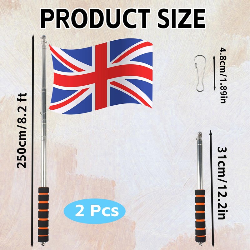 RAFIYU 2 Pcs Telescopic Flag Pole, 8.2ft Handheld Flagpoles with