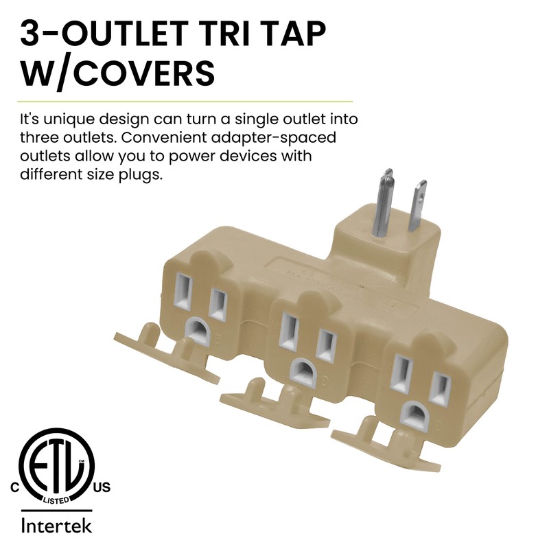 GoGreen Power 3 Outlet Tri Tap Adapter with Covers, Beige