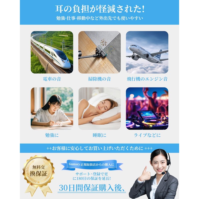 【睡眠専門医師共同開発】Gumsry 耳栓 睡眠用 みみせん 完全遮音 いびき遮断 ノイズキャンセリング 55dB遮音 騒音対策 快眠