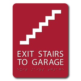 The Sign Studio - 6" x 9" - RED/White - ADA - Exit Stairs to Garage with Pictorial Sign with Tactile & Braille