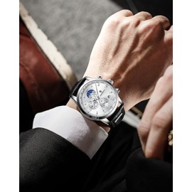 LIGE Men's Watches Chronograph Waterproof Large Face Date Luminous Fashion Casual Sport Leather Strap Analogue Quartz Wristwatch for Men, Black White, Strap.