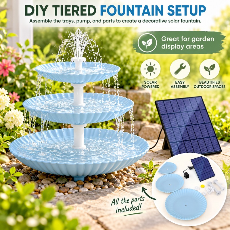 Solar Bird Bath Fountain for Outdoor Décor – 3-Tier Plastic