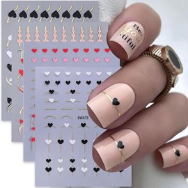 4Pcs Valentine's Day Nail Art Stickers Hearts Nail Decals Glossy Metallic Golden Love Heart Designs Nail Stickers, Self-Adhesive Nail Decals with Arrow & Curve Patterns for DIY Manicure Decoration