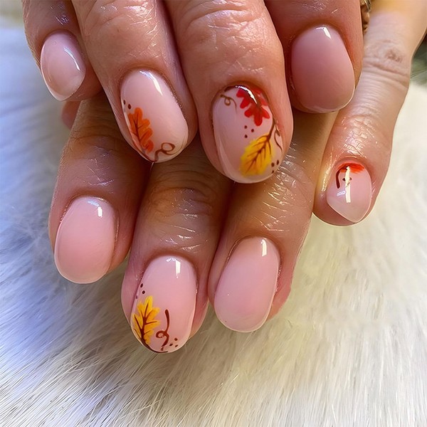 Short Press on Nails Square Fake Nails with Leaves Designs