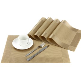 CHAOCHI Placemats Set of 6,Easy to Clean Non-Slip Heat Resistant Dining Table Mats,Washable Crossweave Woven Vinyl PVC Place mats,45CM x 30CM (Gold)