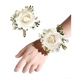 HTMUJR White Corsage and Boutonniere Set,Ivory Boutonniere and Wrist Corsage Wristlet for Wedding Homecoming Flowers Prom Suit Accessories, Rose Boutonniere and Wrist Corsage Flower
