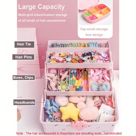 SEAHOME Hair Accessories Organizer for Girls Headbands, Clips, Ties Baby Girl Supplies, Lockable Three-layer Folding Craft Organizers and Storage Plastic Jewelry Box, 11.4x6.3x6.3in