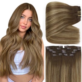 Full Shine Brown Human Hair Clip in Extensions Balayage 24 Inch Thick Hair Extensions Medium Brown Mix Caramel Blonde Ombre Clip in Hair Extensions Human Hair Full Head Thick Ends 7 Pcs