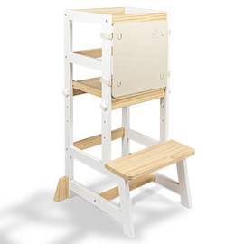 WOOD CITY Kitchen Stool Helper for Kids with Non-Slip Mat, Toddler Standing Tower for Learning, Wooden Toddler Stepping Stool for Counter & Bathroom Sink (White-Burlywood-Adjustable-Adjustable)